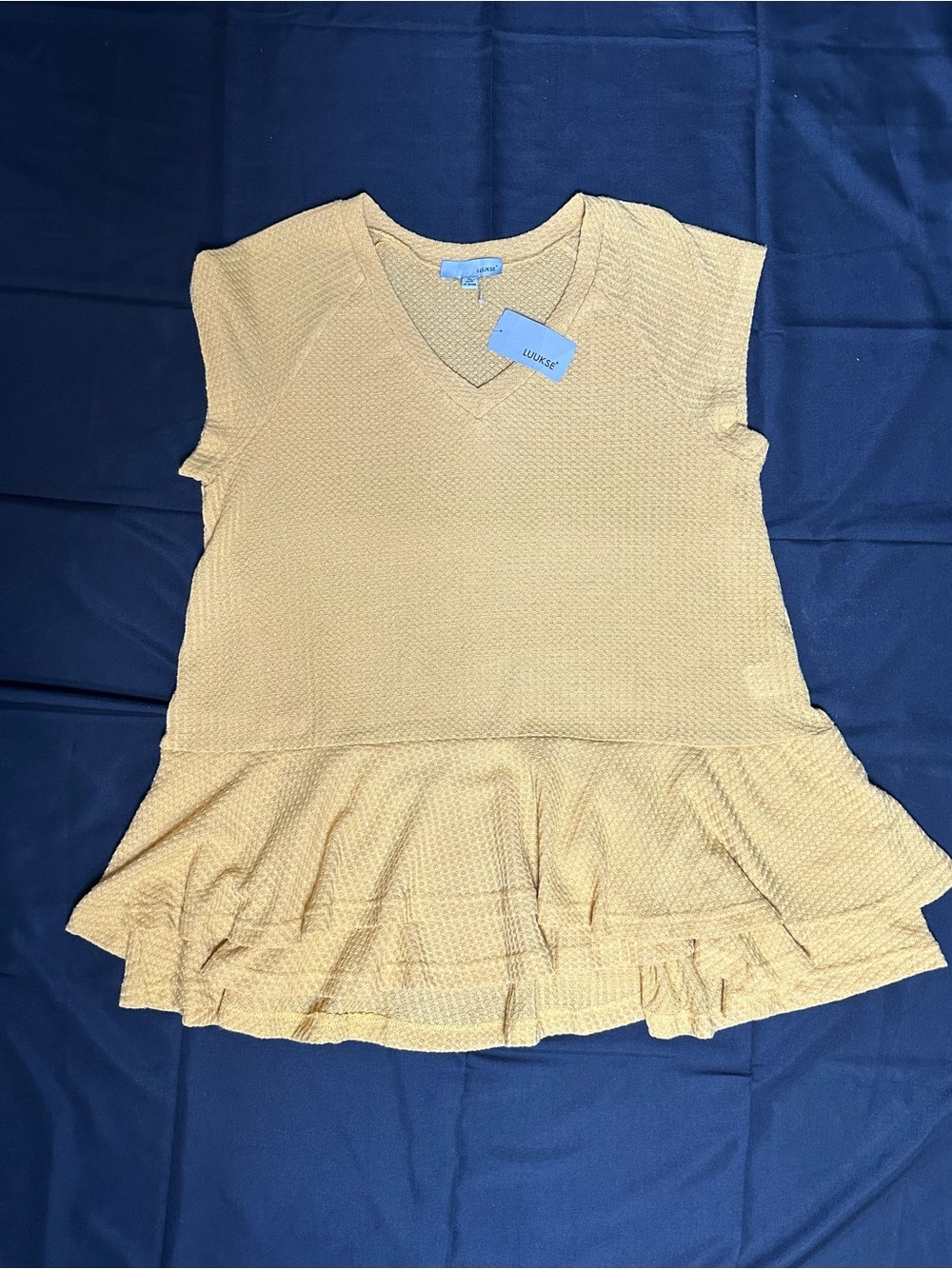 NWT Women's Mustard Color Soft Waffle Textured Peplum V-Neck Top